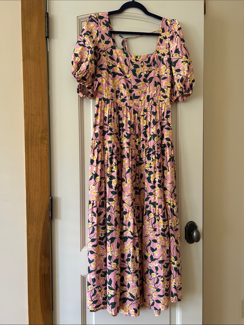 Moon River Pink Floral Puff-Sleeve Maxi Dress with Yellow Accents